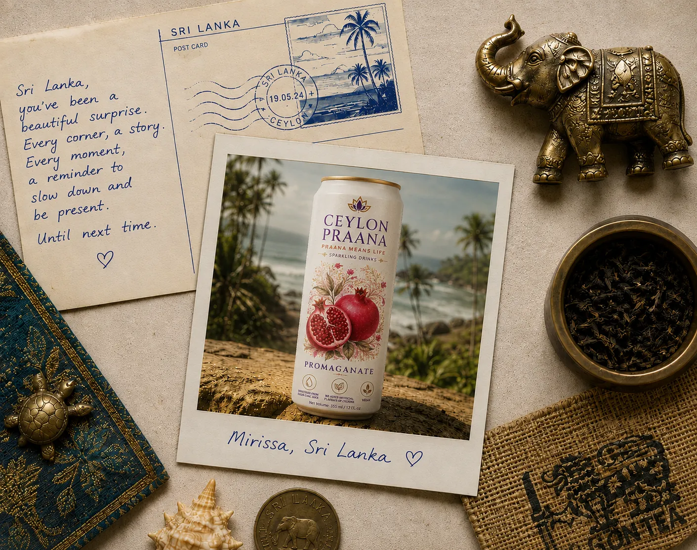 Ceylon Praana Heritage - A curated flat lay of Sri Lankan culture featuring our pomegranate sparkling drink alongside traditional artefacts